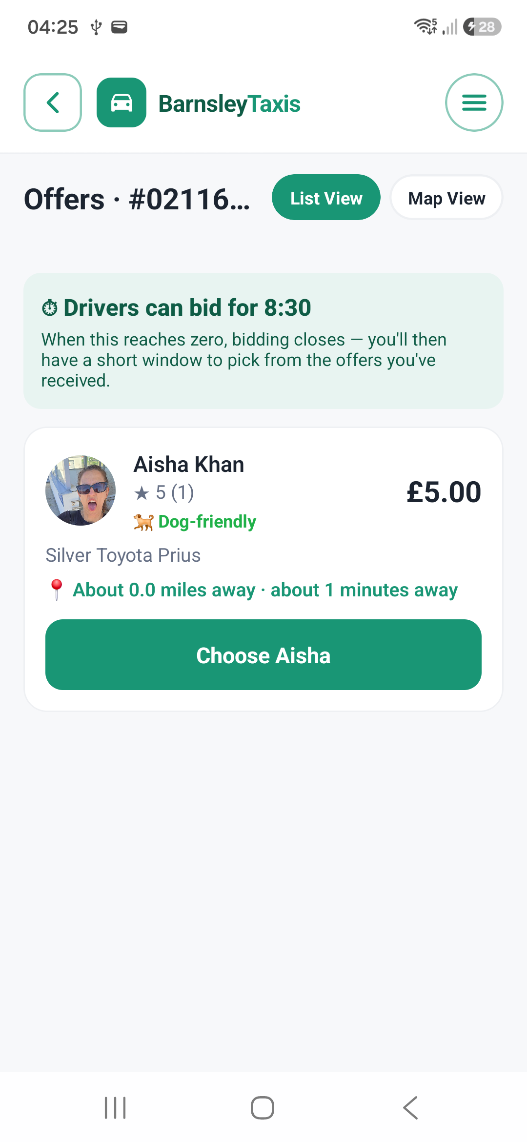 Comparing driver offers in the BarnsleyTaxis app